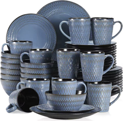 Serviesset Blauw - Keramisch - 12 borden groot - 12 borden klein - 12 kommen - 12 kopjes - 48 delig - Relief - Blauw