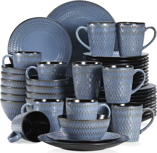 Serviesset Blauw - Keramisch - 12 borden groot - 12 borden klein - 12 kommen - 12 kopjes - 48 delig - Relief - Blauw