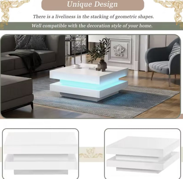 Salontafel - Hoogglans salontafel - Vierkant salontafel - Draaibaar - 16 kleuren ledverlichting - Hoogglans wit - 70x70x36cm