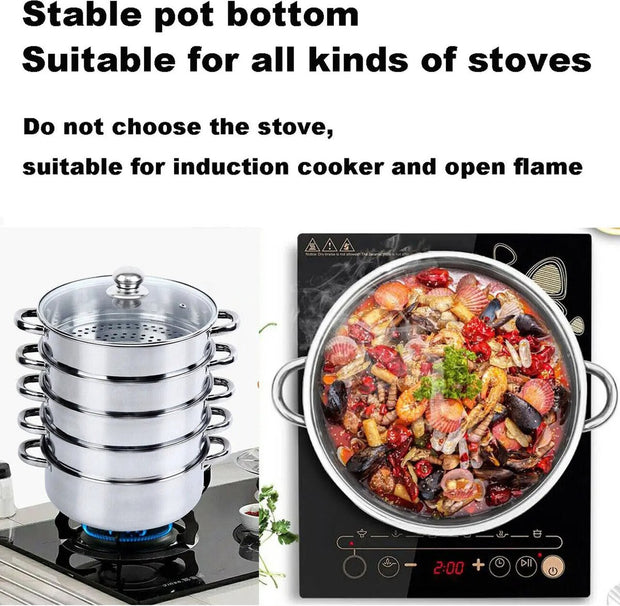 Professionele Stoompan - 5 lagen - Stoomkoker - Ø30cm - Topkwaliteit - RVS - Glazen deksel - Inductie Gas Elektrisch
