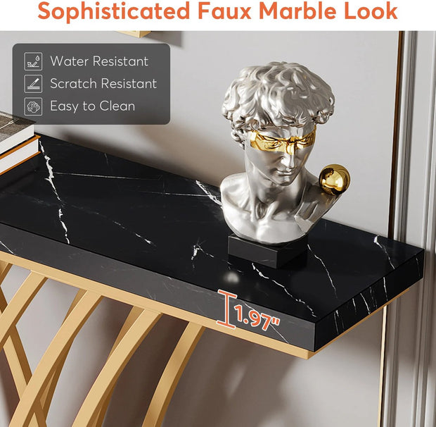 Grid Console Table - Moderne Gouden Consoletafel - Haltafel - Wandtafel met Rastervormig Metalen Onderstel - Ideaal voor Ingang, Gang en Entree - Zwart - Goud - Marmer - 150 x 80 x 30 cm (B x H x D)