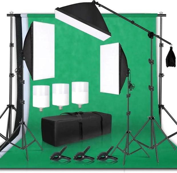 Fotostudio Softbox Verlichtingskit met Achtergrondframe - Achtergrondsysteem - Studio Fotografie - Inclusief 3 Achtergronden, Statief, Reflectorbord en 4 Paraplu's - Complete Set