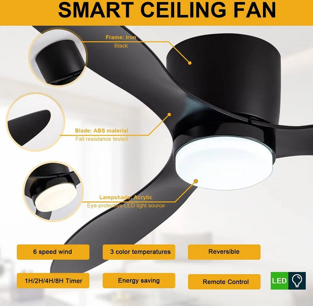 Plafondventilator met verlichting - 106cm - Afstandsbediening - Plafond Lamp - Zwart - Slaapkamer - LED - Timer - 6 standen - Plafonniere