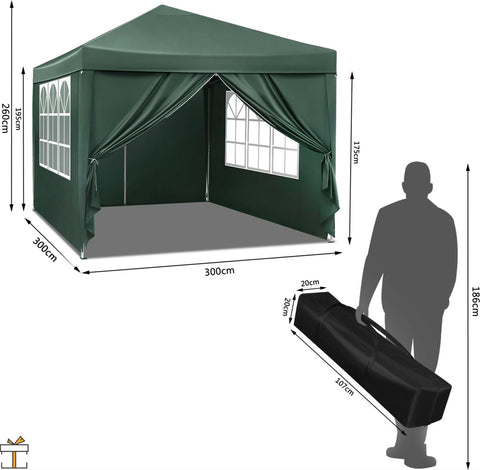 Partytent met zijwanden - Groen - Opvouwbaar - Easy up - Paviljoen - Waterdicht weerbestendig - 3x3 m