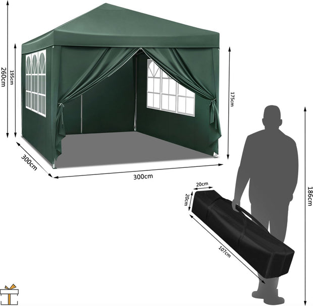 Partytent met zijwanden - Groen - Opvouwbaar - Easy up - Paviljoen - Waterdicht weerbestendig - 3x3 m