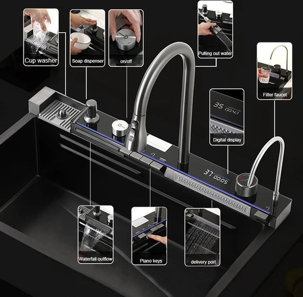 Roestvrijstalen gootsteen - Digitale display - Waterval kraan - Gootsteen - Wasbak - Keuken - Zwart