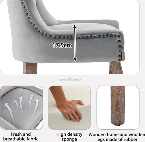 Deluxe Eetkamerstoelen - Grijs (2 stuks) – Gestoffeerde Stoelen met Massief Houten Poten en Fluwelen Bekleding