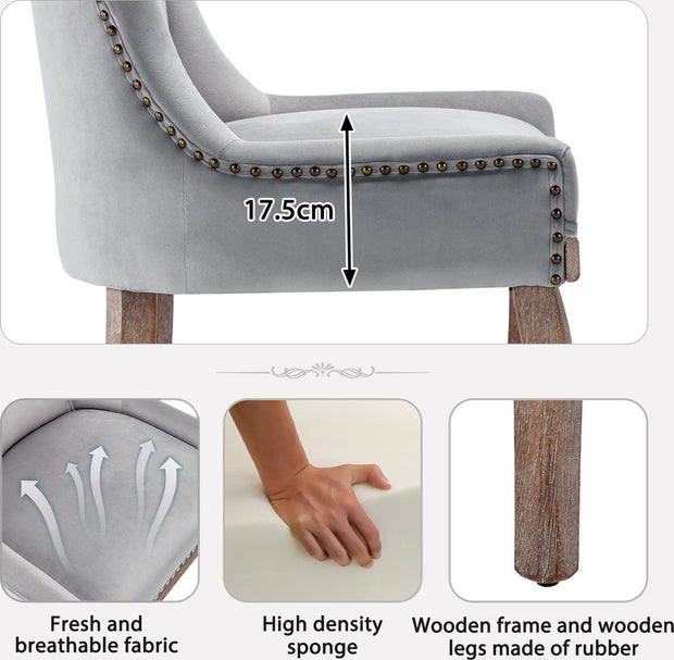 Deluxe Eetkamerstoelen - Grijs (2 stuks) – Gestoffeerde Stoelen met Massief Houten Poten en Fluwelen Bekleding