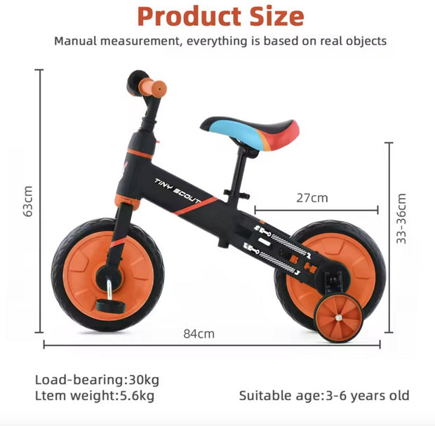 Loopfiets - Kinderfiets - Kleuterfiets - Peuterfiets - 4in1 kinderfiets - Afneembare trappers - Afneembare zijwieltjes - Verstelbaar zadel - Blauw - Zwart