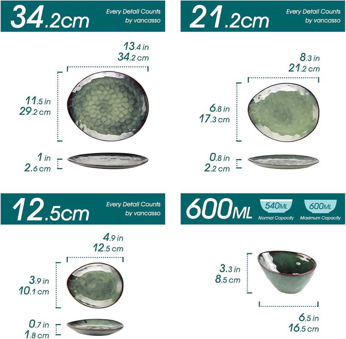 Luxe Serviesset – 11 delig – Porselein - Bordenset – Dinner platen – Dessertborden - Kommen - Schaaltjes - Groen