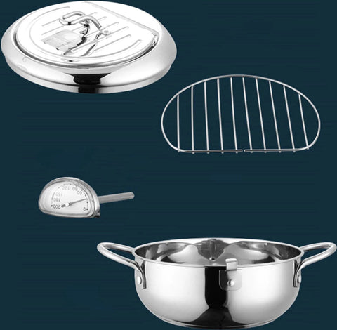 Kleine Frituurpan - Mini Friteuse - Mini Frituurpan - 2,2 Liter -Roestvrij Staal - Japanse frituurpan - met Thermometer - en Deksel Keuken Tempura Frituurpan - Kookpot
