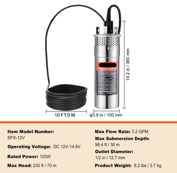 Zonne-Waterpomp - 20W - Stroom 15L/min - Opvoerhoogte 70 m - met 3 m Stroomkabel - Beschermingsgraad IP68 - voor Putten -  Boerderijirrigatie - Boerderijdieren Water Geven - Zilver