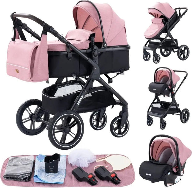 Luxe Kinderwagen - Luxe Kinderkoets - Luxe Babywagen - Luxe Baby Koets - Baby Koets - Kinderwagen - Babywagen - Kinderkoets - Inklapbaar - 3 In 1 - 9KG - Roze