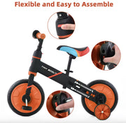 Loopfiets - Kinderfiets - Kleuterfiets - Peuterfiets - 4in1 kinderfiets - Afneembare trappers - Afneembare zijwieltjes - Verstelbaar zadel - Oranje - Zwart