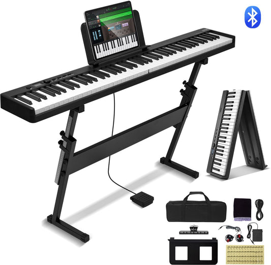 Digitale Piano - Elektrische Piano - 88-Toetsen - Opvouwbaar - Bluetooth Keyboard Midi - Met Standaard - Digitaal Led-Display - Wit & Zwart