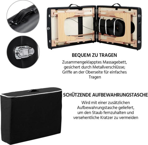 Folding massage table with wooden legs and height adjustment - Carrying bag and accessories - Cosmetic lounger