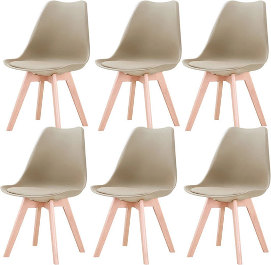 Set van 6 Eetkamerstoelen – Gestoffeerde Stoelen met Beukenhouten Poten – Stijlvolle Bureaustoelen voor Eetkamer, Slaapkamer, Balkon of Restaurant - Beige