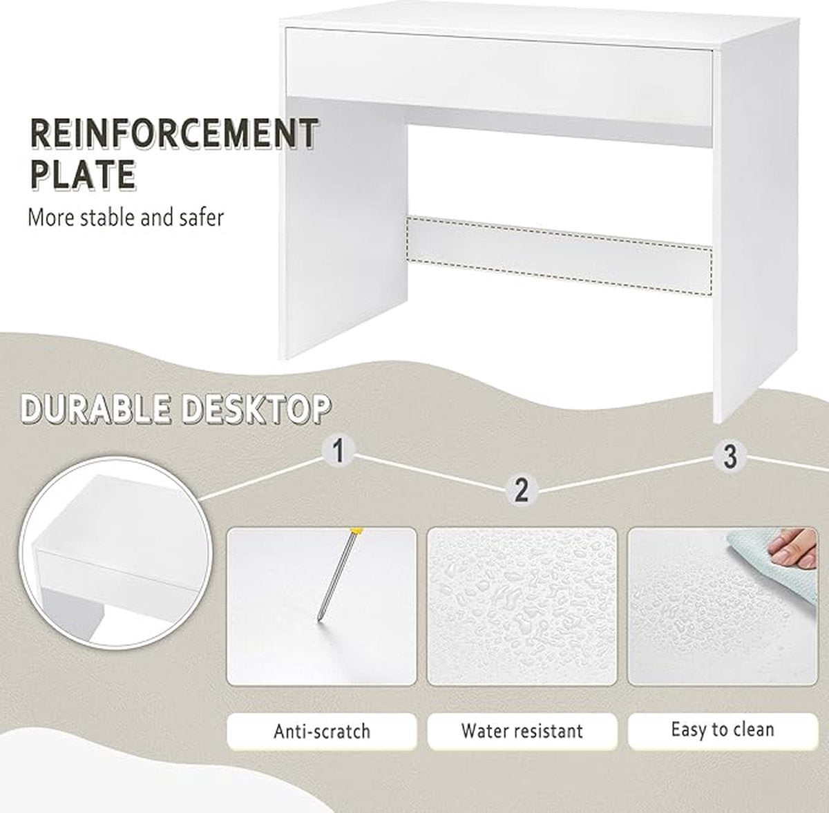 100 cm desk with drawer, suitable as computer desk, dressing table or work table for home or small office. Colour: white.