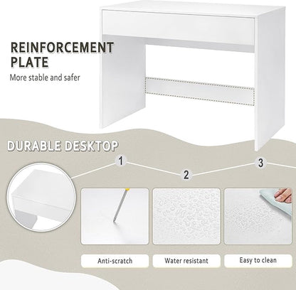 100 cm desk with drawer, suitable as computer desk, dressing table or work table for home or small office. Colour: white.