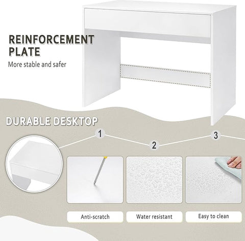 Bureau van 100 cm met lade, geschikt als computerbureau, kaptafel of werktafel voor thuis- of klein kantoor. Kleur: wit.