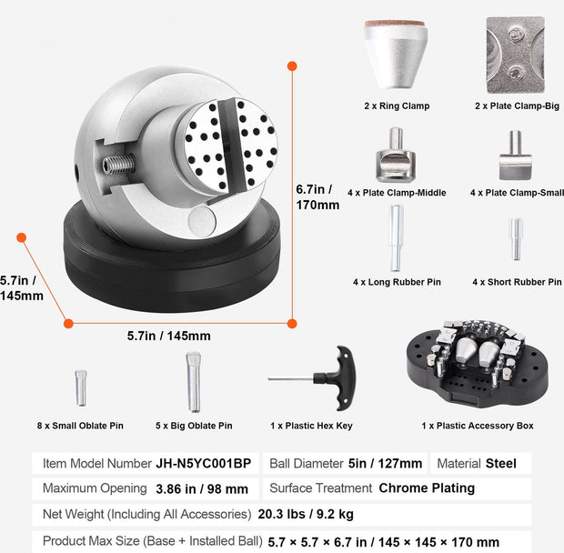 Sieraden Ball Vise - Graveergereedschap - 12,7 cm Kogeldiameter - 9,8 cm Maximale Opening - Verchroomd - Geschikt voor Sieraden - Kleine Details Graveren - Zilver