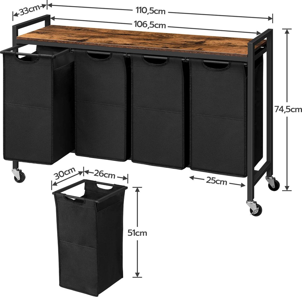 Wasmand met wielen - Waskar - Wasmand Met Plank - Oxford Stoffen Waszak - Stevig en Stijlvol - Rustiek Bruin - 110.5x33x74.5cm