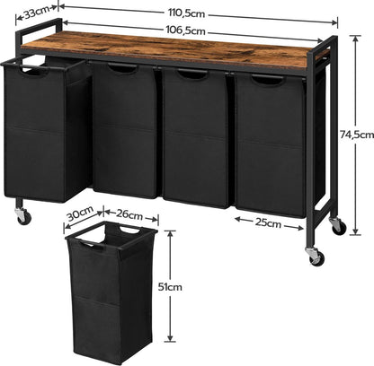 Wasmand met wielen - Waskar - Wasmand Met Plank - Oxford Stoffen Waszak - Stevig en Stijlvol - Rustiek Bruin - 110.5x33x74.5cm
