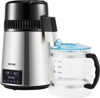 Water Distiller-1.5L/hr - 4L Still-Stainless Steel - 1750W Distiller with Dual Temperature Display - Cleaning Powder for Glass Decanter 3 Carbon Packs