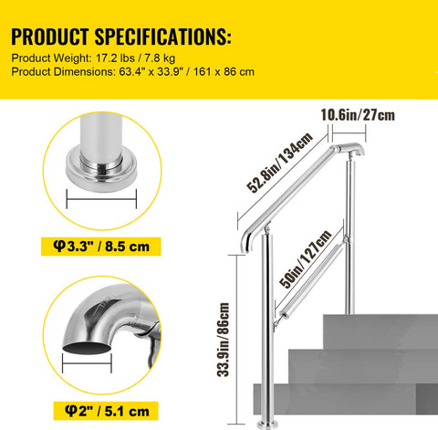 Trapleuning - voor 1 tot 5 Stappen - Laadvermogen 100 kg - Dikte Buis 1,3 mm - Hoek Verstelbaar - Geschikt voor Binnen & Buitengebruik & Veranda - Terras - Thuistrappen - Commerciële Kantoorgebouwen - Hotels