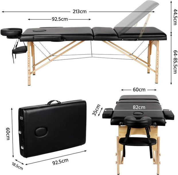 Folding massage table with wooden legs and height adjustment - Carrying bag and accessories - Cosmetic lounger