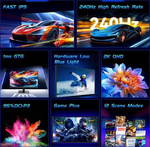 Gaming Monitor - 24.5” 2560*1440 QHD FAST IPS Display - 240Hz Refresh Rate - 1ms GTG - 95% DCI-P3 - HDR10 - Adaptive-Sync - Dynamic OD - Game Rush Mode - PIP &amp; PBP Display - Versatile Picture Modes - Low Blue Light - VESA Wall Mount