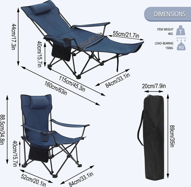 Opvouwbare camping stoel - Camping stoel licht gewicht - Tuin stoel - Lig stoel opvouwbaar - Lounge stoel met intrekbare voetsteun - Oxford stof - Beach stoel