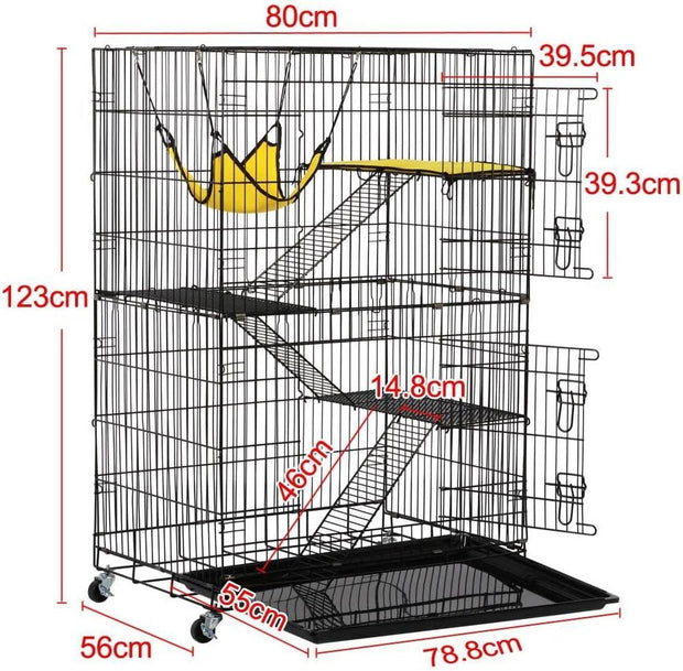 4-niveaus huisdierenkooi met wieltjes - grote kooi- hoogte 123 cm - 2 deuren - Zwart