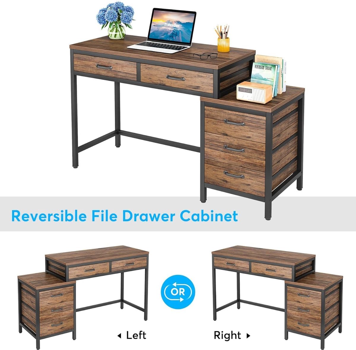 Bureau - Bureau met 5 Schakelbare Ladekast - Computerbureau - Computer Tafel - Bureautafel Bruin - 130 x 45 x 82 cm