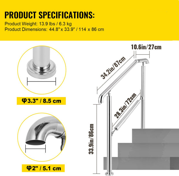 Trapleuning - Stappen - Laadvermogen 100 kg - Dikte Buis 1,2 mm -Hoek Verstelbaar - Geschikt voor Binnen- en Buitengebruik en Veranda - Terras - Thuistrappen - Commerciële Kantoorgebouwen - Hotels