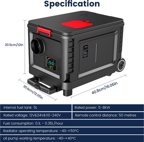 Trolley Standkachel - 12V/24V & 110-220V 5-8KW - Bluetooth App Bediening - Zwarf