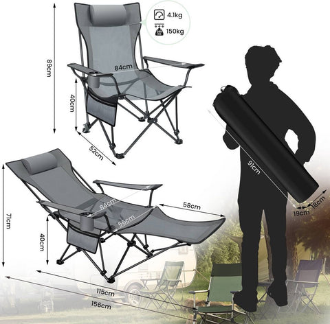Opvouwbare Campingstoel - 2-in-1 campingstoel - Relaxstoel - Ligstoel met bekerhouder - Verstelbare rugleuning en VoetensteunVerstelbare Rugleuning - Voetensteun - 150 Kg