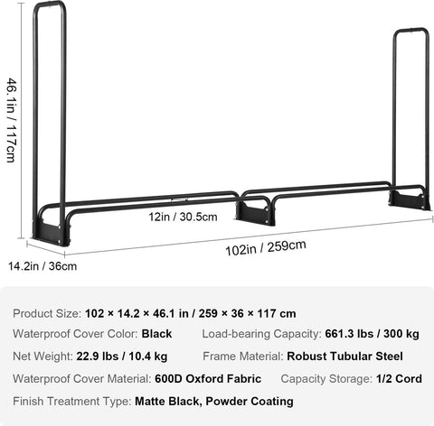 Brandhoutrek Metaal - met Waterdichte Hoes - Stalen Frame - Gepoedercoat - Haardhout Opslag - 300kg Draagvermogen - Binnen en Buiten - 259x36x117cm - Zwart