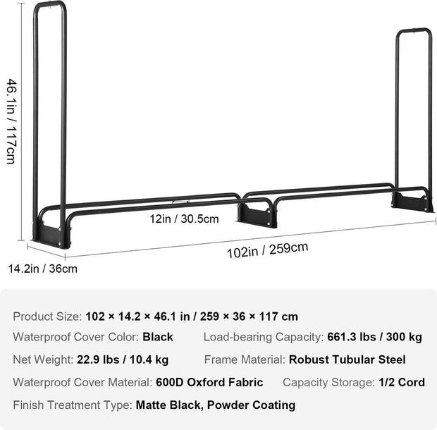 Brandhoutrek Metaal - met Waterdichte Hoes - Stalen Frame - Gepoedercoat - Haardhout Opslag - 300kg Draagvermogen - Binnen en Buiten - 259x36x117cm - Zwart
