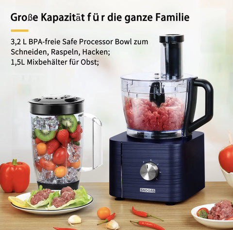 Food processor - All in 1 food processor - Multifunctional food processor - Meat grinder - Whisk - Kneader - Shredder - Orange juicer - Chopper - Blender - 1100W - Blue