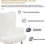 Fauteuil - Relaxing chair - Met voetenbankje - Leesstoel - Woonkamer stoel - Fauteuil - Stoel met voetenbank - Stoel met hocker - Goud metalen poten - Teddy stof - Wit