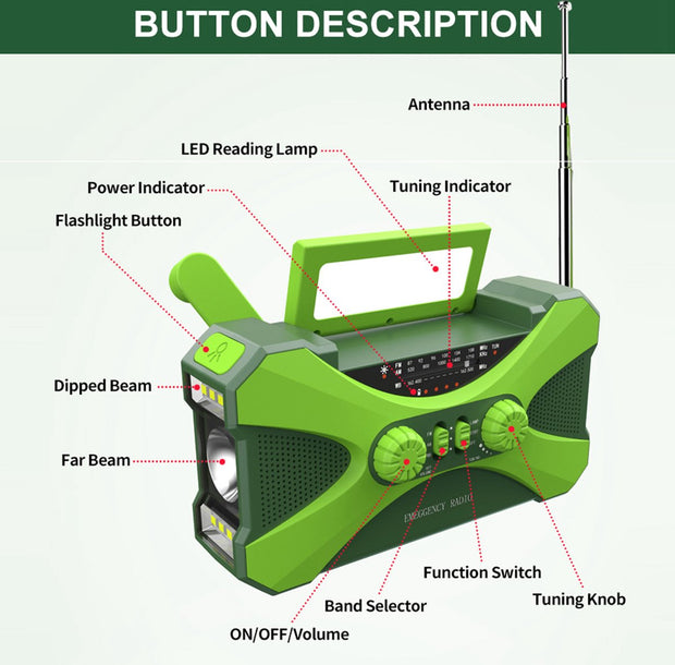 Noodradio voor bij Rampen - Solar - Handmatig op te winden - Batterij - USB - Zaklamp - 10000mAh - LED - Solar - Draagbare radio - Noodpakket - Groen