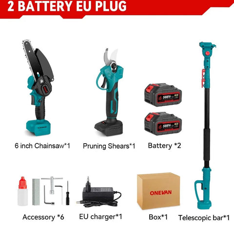 3 IN 1 Telescopische Elektrische Kettingzaag - Elektrische Schaar - Verstelbaar - Snoeizaag - Elektrische Snoeischaar - Veiligheidsslot - 2 Accu's - Accu Oplader - Verstelstang - Antislip - Lichtgewicht - Tuinieren - Snoeien - Plukken van fruit