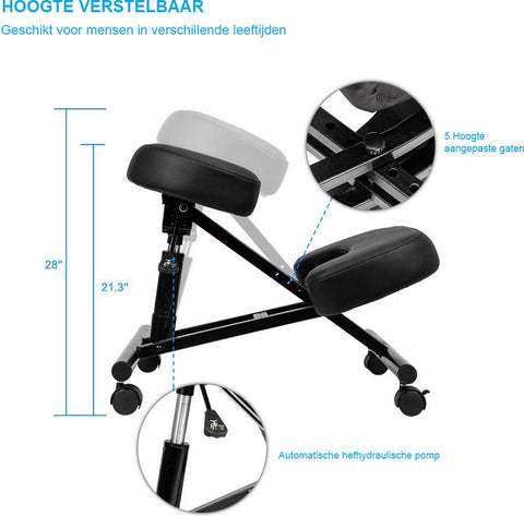 Ergonomische Kniestoel met Verstelbare Hoogte, Wielen en Comfortabel Kussen - Gezonde Zithouding Stoel voor Bureau en Werk - Ergo Kniestoel met Soepele Wielen en Zachte Zitting - Kantoorstoel voor Rugcomfort en Productiviteit