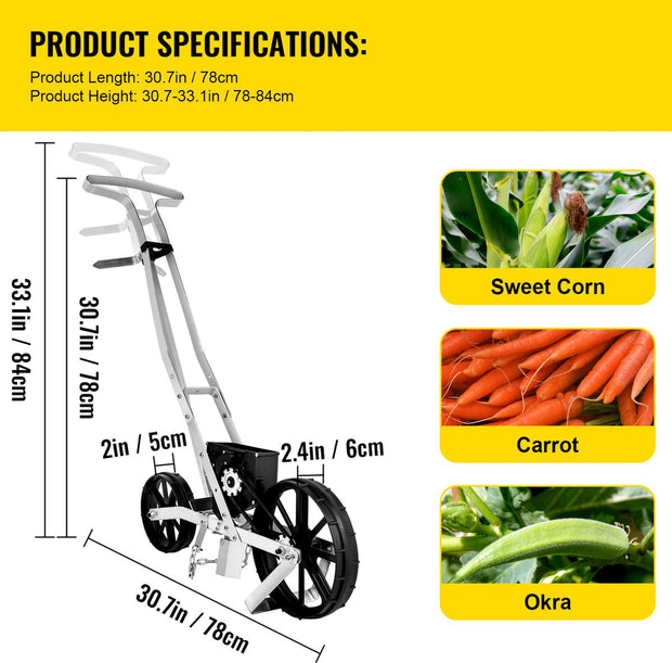 Tuin Push Zaaimachine - 78-84cm - Aluminium en ABS Rij Gewas Planter - met Zes Verwisselbare Zaadplaten en Rijmarkering - voor Het Zaaien van Verschillende Gewassen en Groenten