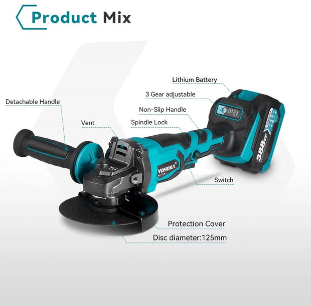 Slijpmachine - Haakse Slijper - Slijper - Elektrische Slijper - 2x Accu - Met Koffer - Met Accessoires - Blauw