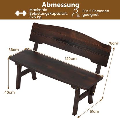 Tuinbank, weerbestendig, zitbank met rugleuning, houten bank voor 2-zits, belastbaar tot 325 kg, terrasbank van hout, parkbank voor tuin, balkon, terras, 120 x 51 x 78 cm