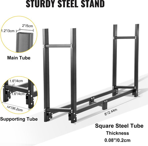 Brandhoutrek Houtopslag - Materiaal Buisvormig Vierkant Staal - Groot Brandhout Logboekrek - Binnen voor Thuis of Industrieel Gebruik om Houtkachels - Houtstapels - Achtertuin - 244,5 x 36,2 x 122,5 cm - Zwart