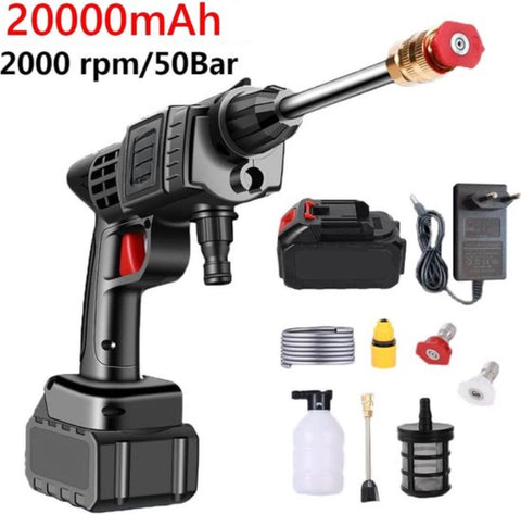 Draadloze Hogedrukreiniger - Met Accu en Oplader - 20000mAh - Hoge Druk Reiniger - Instelbaar - 50 BAR - Inclusief Waterslang - Zwart