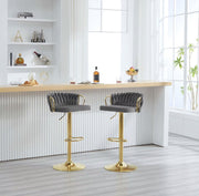 Luxe barkruk - Fluweel Barkruk - Set van 2 - Gevlochten - Hoogte verstelbaar - 360 graden draaibaar - Velvet - Gouden poot - Grijs